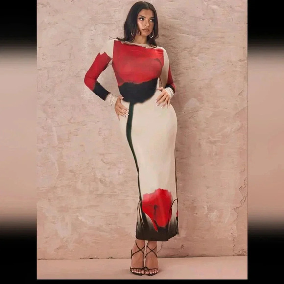Floral Print Form-Fitting High Slit Dress With Placement Print - Picture 1 of 6